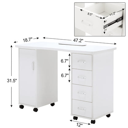 BarberPub Manicure Table - Acetone Resistant Nail Desk with 4 Drawers, 2 Cabinets, Lockable Wheels, Wrist Pad for Nail Tech, Beauty Salon - White