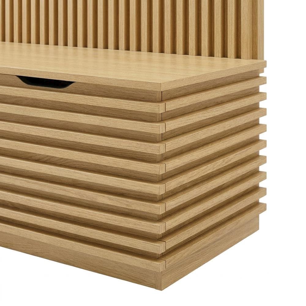 Furnifact Fluted-Panel Hall Tree with Storage Bench and Coat Rack, Entryway Bench with Hooks and Shoe Storage for Mudroom or Foyer, Oak