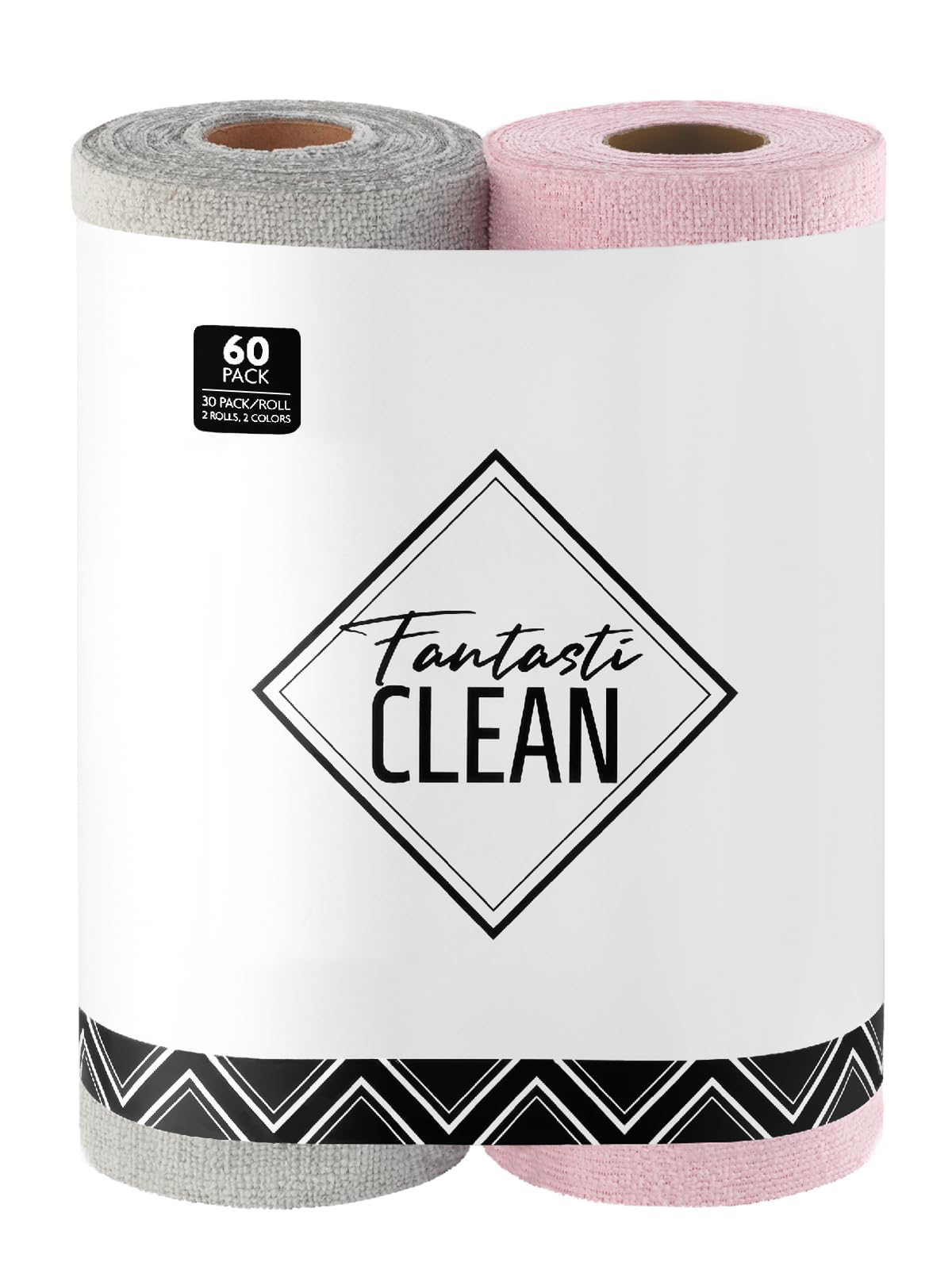 Fantasticlean Microfiber Cleaning Cloth Roll -60 Pack, Tear Away Microfiber Towels, 12" x 12", Reusable, Washable, Lint Free, Ultra Absorbent Dishcloth for All-Around Cleaning (Pink & Grey)