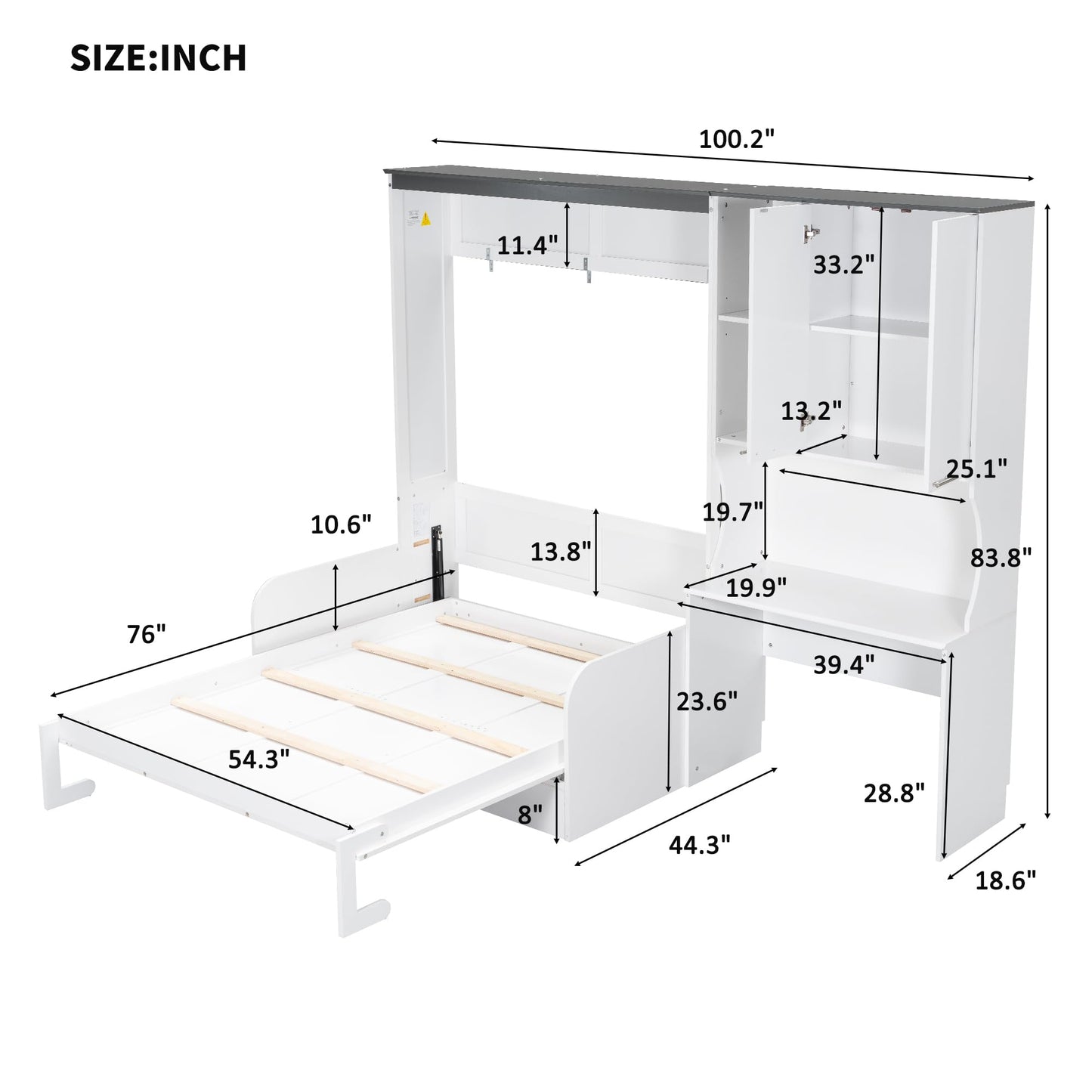 Merax Farmhouse Multi-Functional Murphy Bed with Sofa, Desk & Storage Cabinet,Solid Wood Foldable Wall Bed/Space Saving/No Box Spring Needed/Full,White + Gray