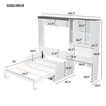 Merax Farmhouse Multi-Functional Murphy Bed with Sofa, Desk & Storage Cabinet,Solid Wood Foldable Wall Bed/Space Saving/No Box Spring Needed/Full,White + Gray