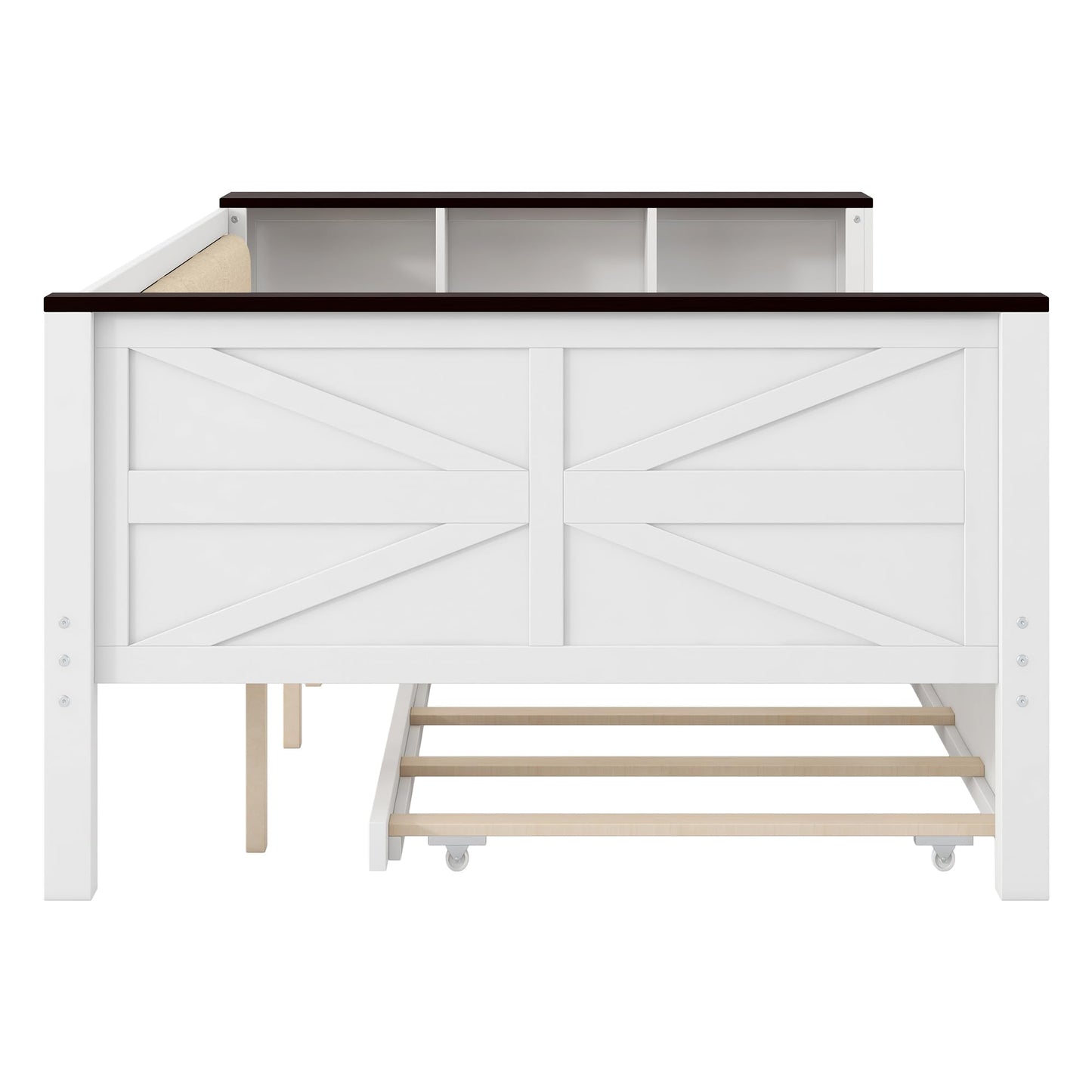Ball & Cast Daybed with Trundle,Wood Full Size Daybed W/Storage Shelves and Upholstered Backrest & USB,Space Saving,No Box Spring Needed,Bedroom for Student Dorms,White