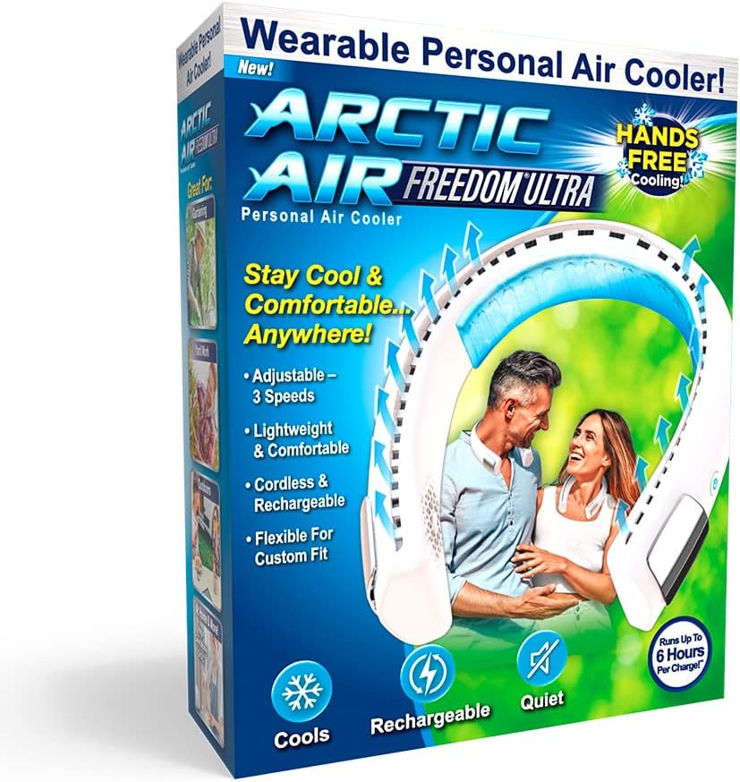 Arctic Air Freedom Ultra Neck Fan, Wearable 3-Speed Cooler, USB-Rechargeable, Lightweight & Compact