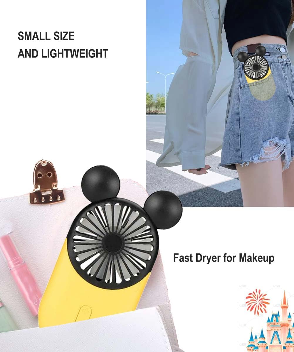Cute Personal Mini Fan (2 PACK) - USB Rechargeable Handheld Fan with Stylish LED Light, 3 Speed Adjustable
