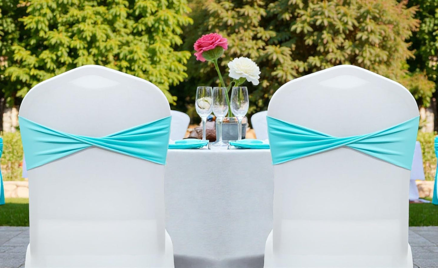 Pack 10 VDS of PCS | Aqua Blue| Spandex Chair Sashes Bows Without Buckle | Stretch Elastic Banquet Universal Folding
