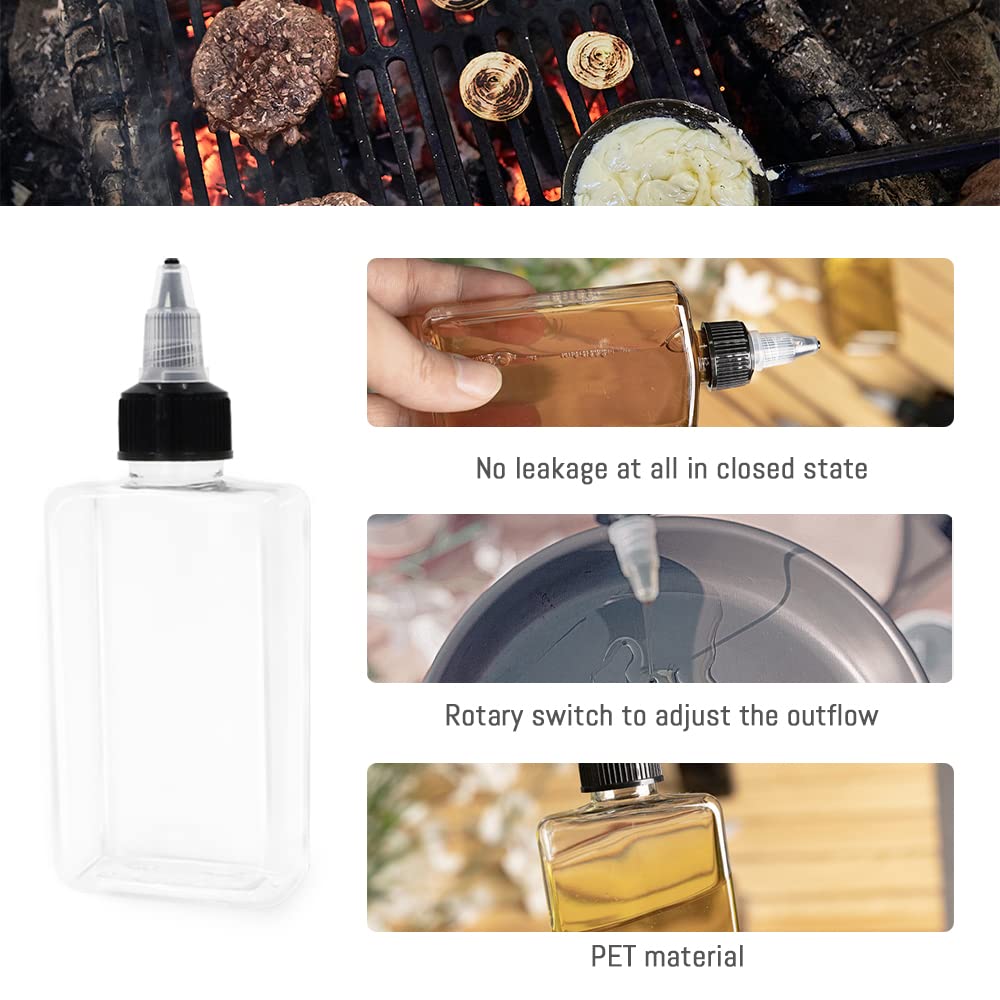 LELE LIFE 4Pcs Small Oil Dispenser Bottle for Camping, 3.4oz Leak-Proof Squeeze Condiment Bottle with Twist Top Cap, Liquid Condiment Container Dispensing Bottles for Oil Soy Sauce Vinegar