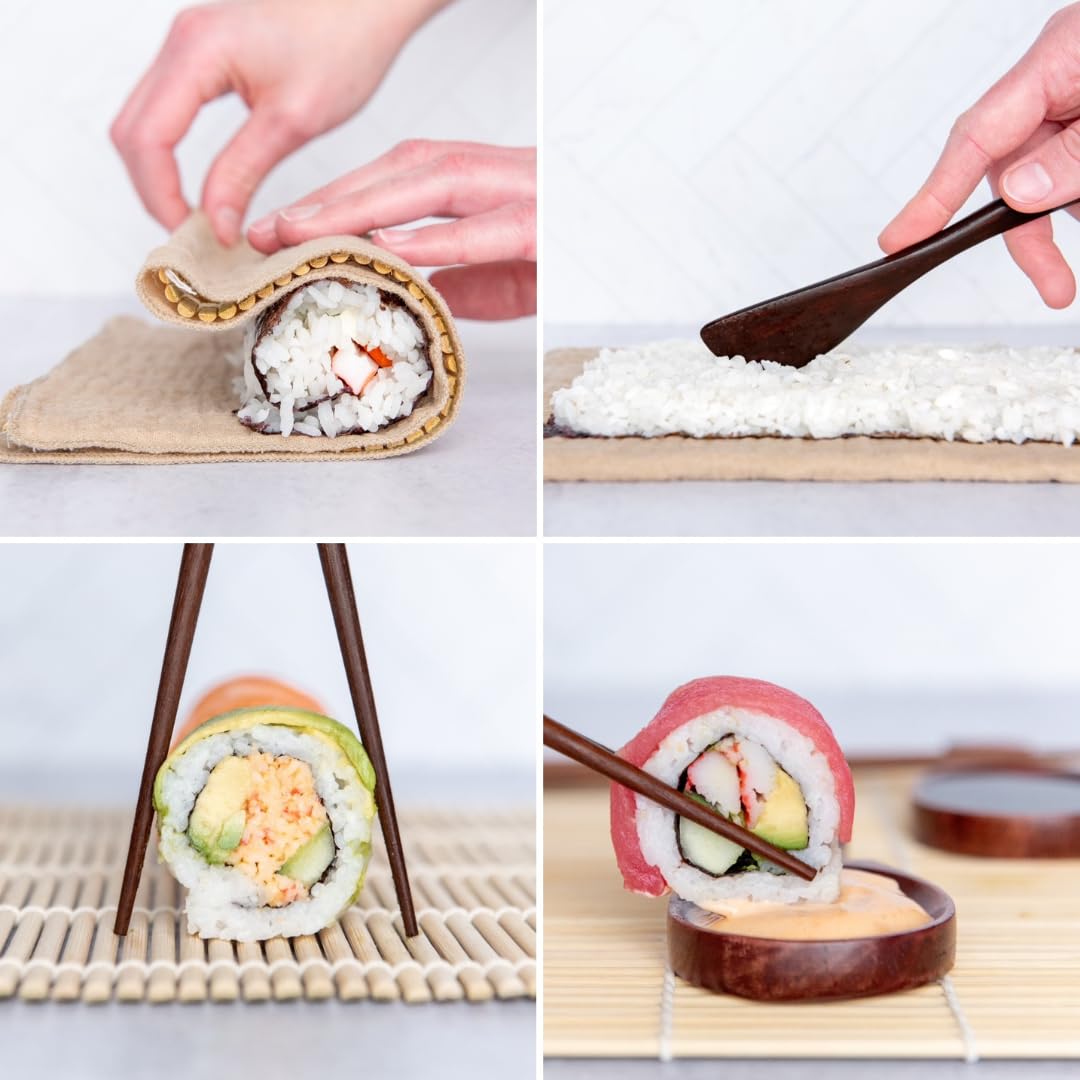 No Plastic Premium Sushi Making Kit for Home, for Beginners or Pro Sushi makers. Made of Premium Wood, includes Tea Cloth, Planet-Friendly, Gift and DIY Home Sushi Kit Experience, Circle Fuji box