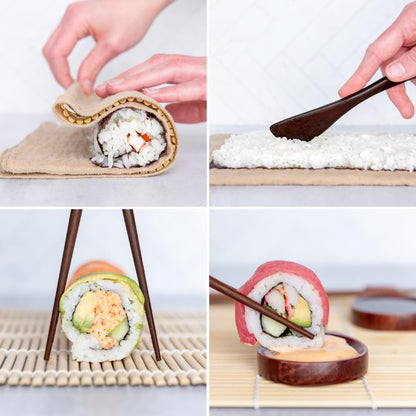 No Plastic Premium Sushi Making Kit for Home, for Beginners or Pro Sushi makers. Made of Premium Wood, includes Tea Cloth, Planet-Friendly, Gift and DIY Home Sushi Kit Experience, Circle Fuji box