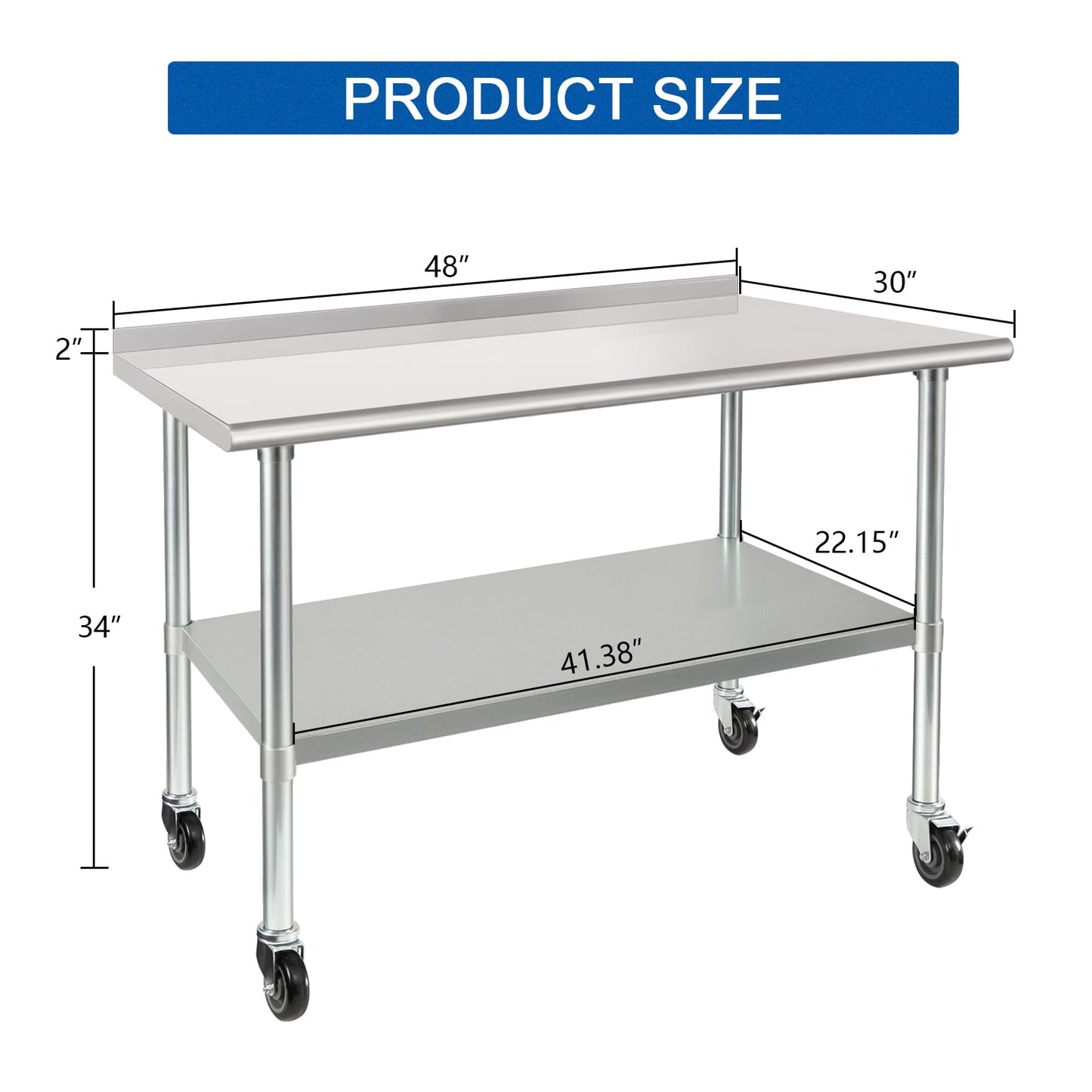 HARDURA Stainless Steel Table 30 x 48 Inches with Wheels Casters NSF Heavy Duty Commercial Prep Table with 2” Backsplash and Adjustable Undershelf for Restaurant Kitchen Home and Hotel