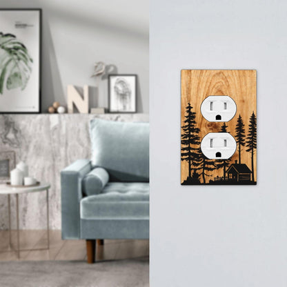 YITRREWZ Rustic Farmhouse Brown Wood Duplex Outlet Covers Light Switch Covers Decorative Pine Tree Grain Silhouette Switchplate Electrical Faceplate for Country Bathroom Kitchen Bedroom Decor