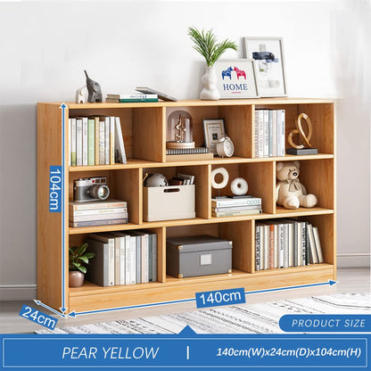 IOTXY Open Shelf Low Bookcase - Wooden 3-Tier Floor Standing Display Cabinet Organizer with Base, 10 Cubes Short Horizontal Bookshelf in Pear Yellow