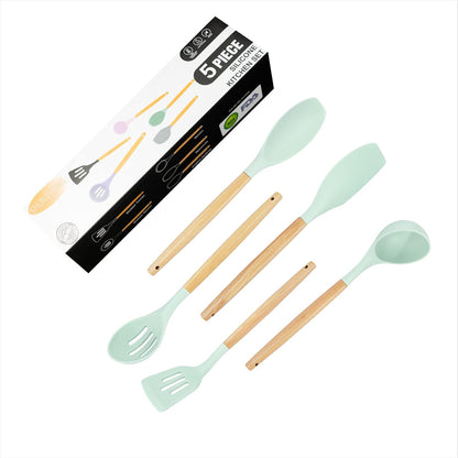 Kitchen Utensils Set, 5 Pcs Non-Stick Silicone Cooking Utensils with Wooden Handle, Heat Resistant Gadgets (Light Green)
