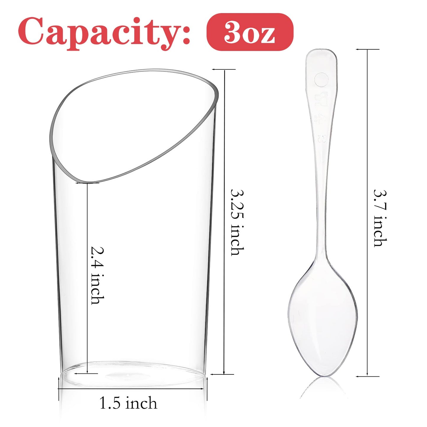 Hiasobre 50 Pack Plastic Dessert Cups with Spoons, 3 oz Clear Mini Parfait Appetizer Cups, Reusable Slanted Triangle Shooter Serving bowls for Tasting, Small Dessert Shot Glasses