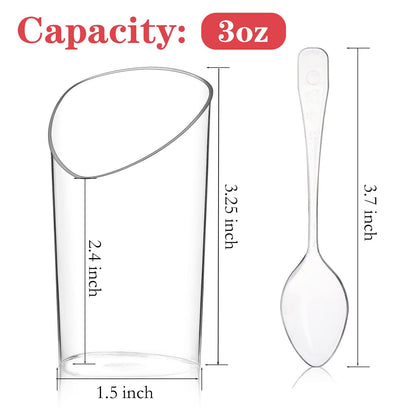 Hiasobre 50 Pack Plastic Dessert Cups with Spoons, 3 oz Clear Mini Parfait Appetizer Cups, Reusable Slanted Triangle Shooter Serving bowls for Tasting, Small Dessert Shot Glasses