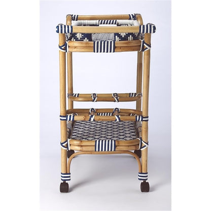 Beaumont Lane Rattan Bar Cart, Blue and White Finish, PE Plastic Weave with Casters, Removable Tray, 34.5 in Wide, Transitional Style Serving Cart for Entertaining