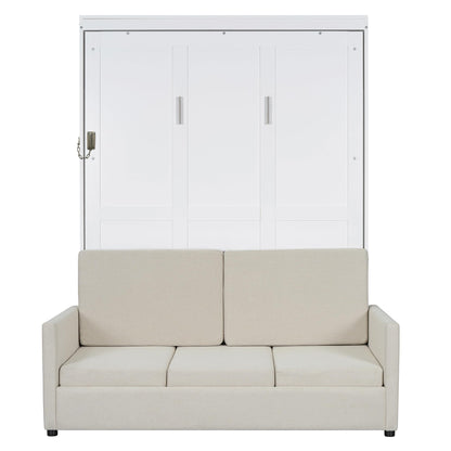 Ball & Cast Murphy Bed Full Size W/ 2 Seat Sofa,Murphy Bed Cabinet W/Cushion,Hideaway Bed W/Support Leg & Handles,for Bedroom Office Guest Room,White