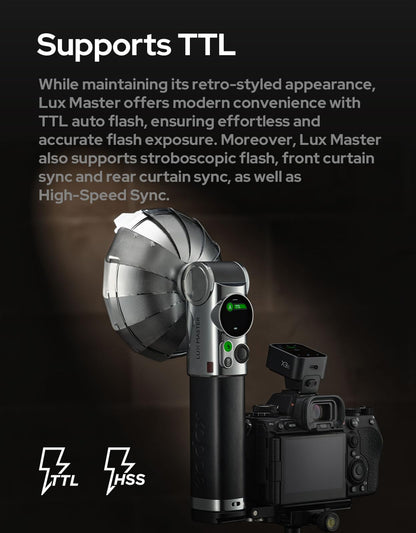 Godox Lux Master Retro Camera Flash, 2.4G Wireless TTL HSS Flash with Full-Color Touchscreen, GN25, Built-in 2980mAh Battery, Retro Style Strobe for Canon Nikon Sony Fuji Olympus Leica Pentax Camera