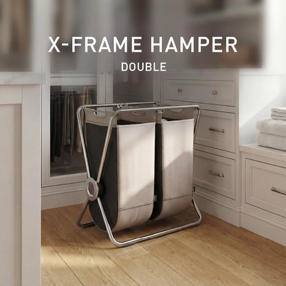 simplehuman X-Frame Hamper, Double Compartment Laundry Hamper for Bedroom Bathroom, Heavy-Gauge Steel Frame, Stain & Odor Resistant Machine Washable Bags, Easy Carry Steel Handles, Chrome