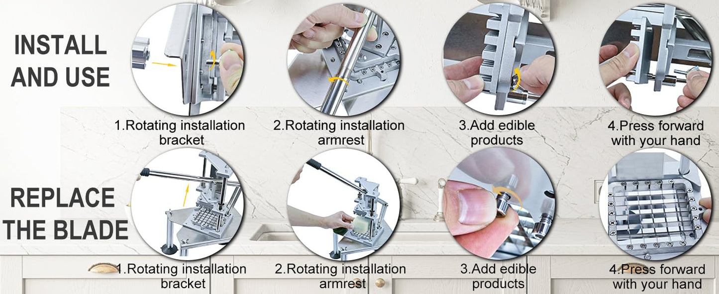 Commercial Heavy Duty French Fry Cutter, Stainless Steel Potato Slicer with 1/2" & 3/8" 2 Blades, Strong Suction Manual Vegetable Cutter for Restaurant, Food Truck, Home Commercial Kitchen