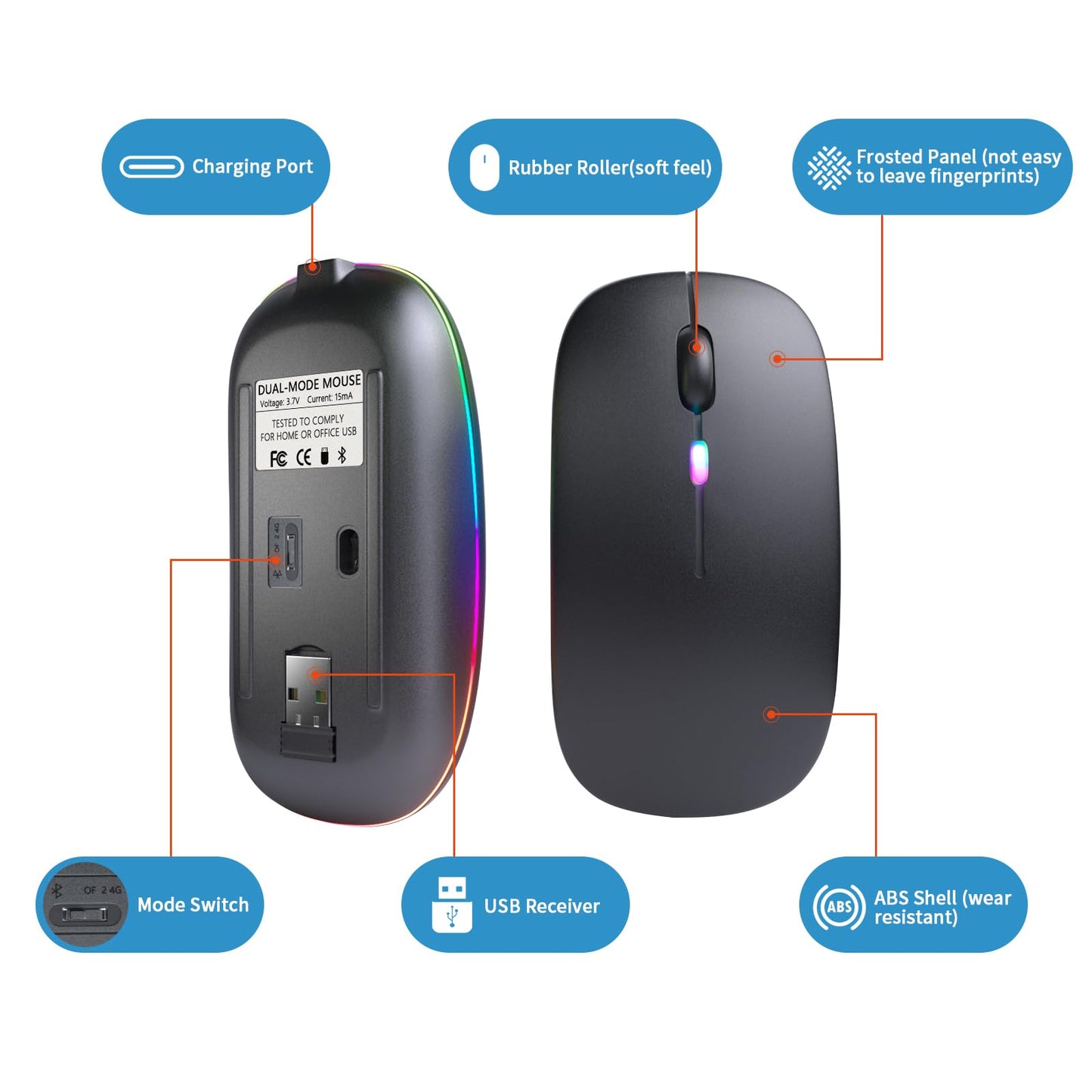 Wireless Bluetooth Mouse, Rechargeable, LED, Silent, Ultra-thin Design (Bluetooth 5.2 and 2.4GHz USB Receiver) | Portable Computer Mouse for Laptops, iPads, MacBooks and Apple Devices (Black)