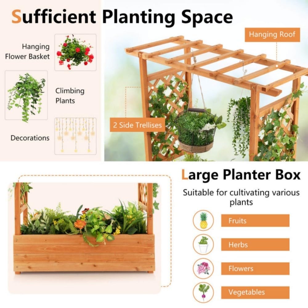 Wooden Raised Garden Bed Planter, Outdoor Planter Box with Trellis, Cedar Garden Planter with Climbing Frame, Patio Vertical Plant Growing Bed, Decorative Outdoor Plant Support Box