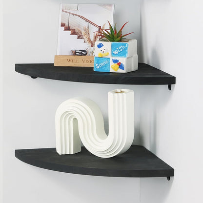 Set 2, Fan-shaped-10 Inch) Corner Wall Shelves of Rustic Wood Corner Floating Shelves with Cable Raceway, Wall Mount