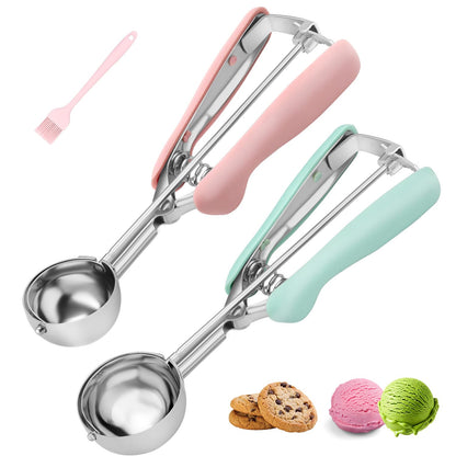Cookie Scoops for Baking Set of 2, 18/8 Stainless Steel Ice Cream Scoop Set with Ergonomic Soft Grip, Spring Trigger Release Cookie Dough Scooper for Cupcakes, Muffins, Meatballs - Pink & Mint Green