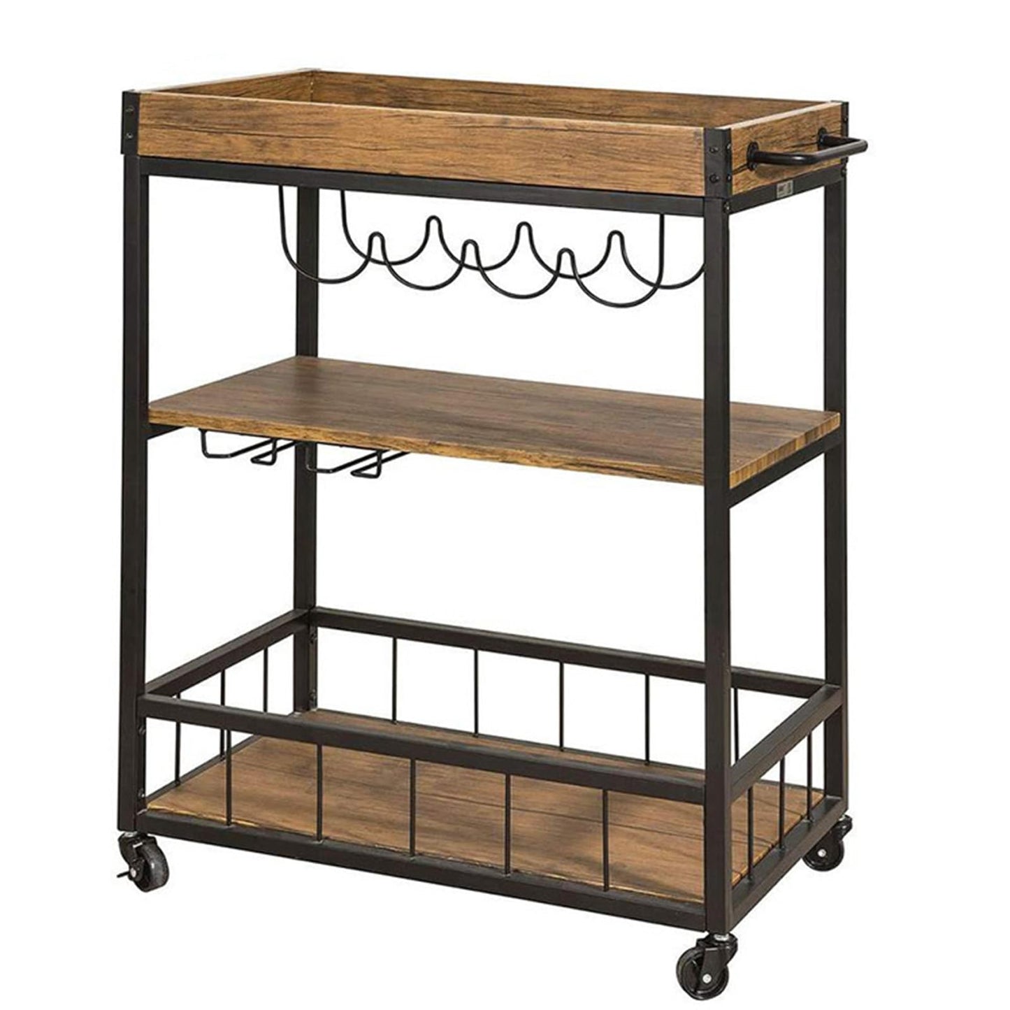 Storage Rack Serving Cart 3-Tiers Serving Trolley with Lockable Wheels & Removable Serving Tray, Rolling Bar Cart with Wine Rack & Glass Holder, for Home, Dining Room,26''Dx16''Wx35''H,Brown