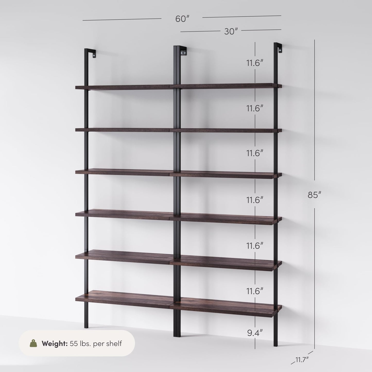 Nathan James Theo 6-Shelf Tall Bookcase, Wall Mount Bookshelf with Natural Wood Finish and Industrial Metal Frame, Nutmeg/Matte Black, Set of 2