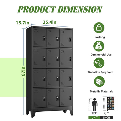 erosoei Metal Lockers for Employees, 12 Doors Metal Storage Locker with Card Slot and Ventilation Holes, Steel Employee lockers for Home Office School Gym Garage, Requires Installation