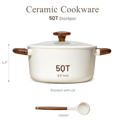 CAROTE 5QT Nonstick Stock Pot with Lid, 5 Quart Casserole with Ladle, Even Heating Stockpot, Fits All Stoves, Non Stick Big Cooking Pots PFOA Free, White