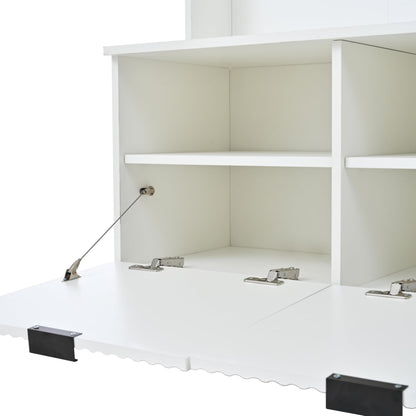 49.6" 5-in-1 Hall Tree with Bench Shoe Storage 3 Open Storage Cabinets, Farmhouse Entryway Cabinet with High Gloss Fluted Doors Coat Rack with 6 Hooks Shoe Cabinet for Hallway Living Room White