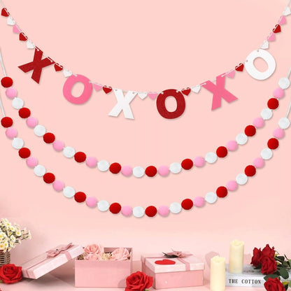 QOUBAI 3pcs Valentine's Day Garland Felt Ball Garland 10ft Pompom Garland Valentine Decorations XOXO Felt Ball Banner for Mantle Fireplace Room Valentine's Day Anniversary Engagement Party Supplies