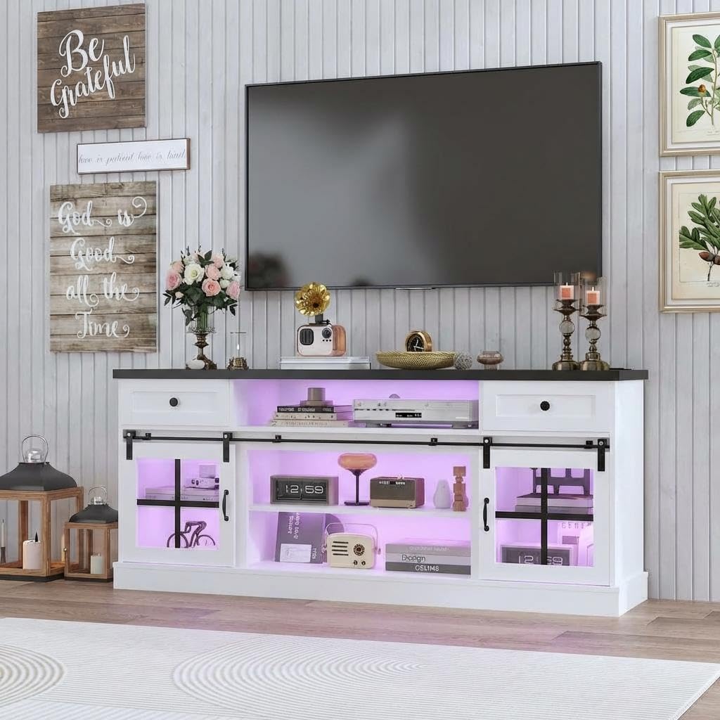Garvee Farmhouse TV Stand for 80" TVs, Media Console Table with 2 Drawers, Power Outlets, Led Light, Barn Doors, Entertainment Center with Adjustable Shelves for Home Office, 66" w, White+Black Top