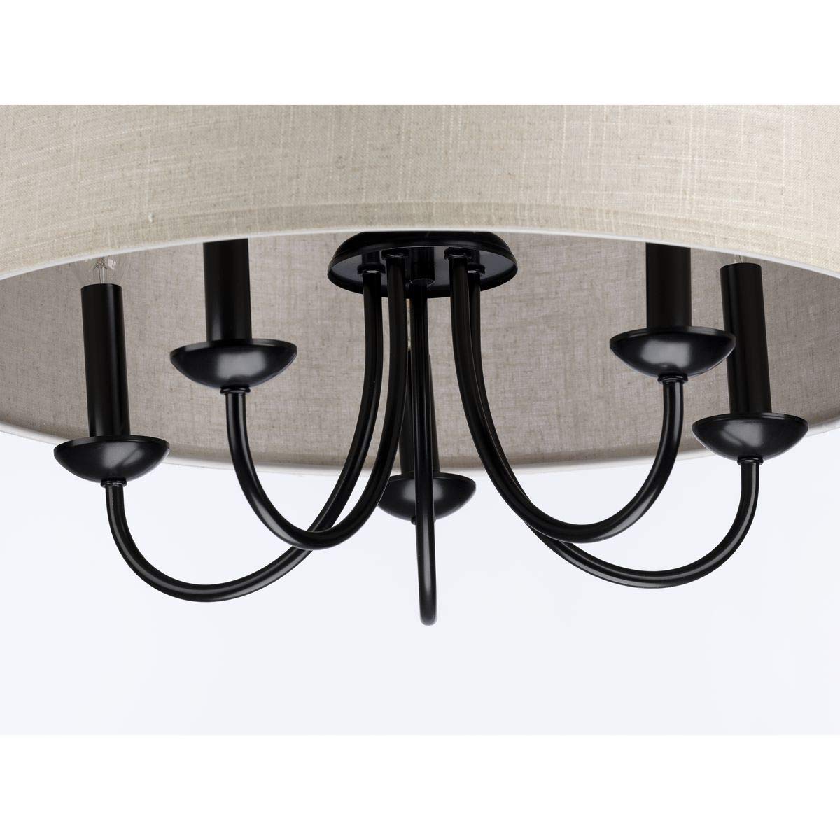 Progress Lighting Drum Shade Collection Five-Light Chandelier, Farmhouse Style Hanging Ceiling Light Fixture for Dining Rooms, Foyers, Harvest Linen Shade, Matte Black