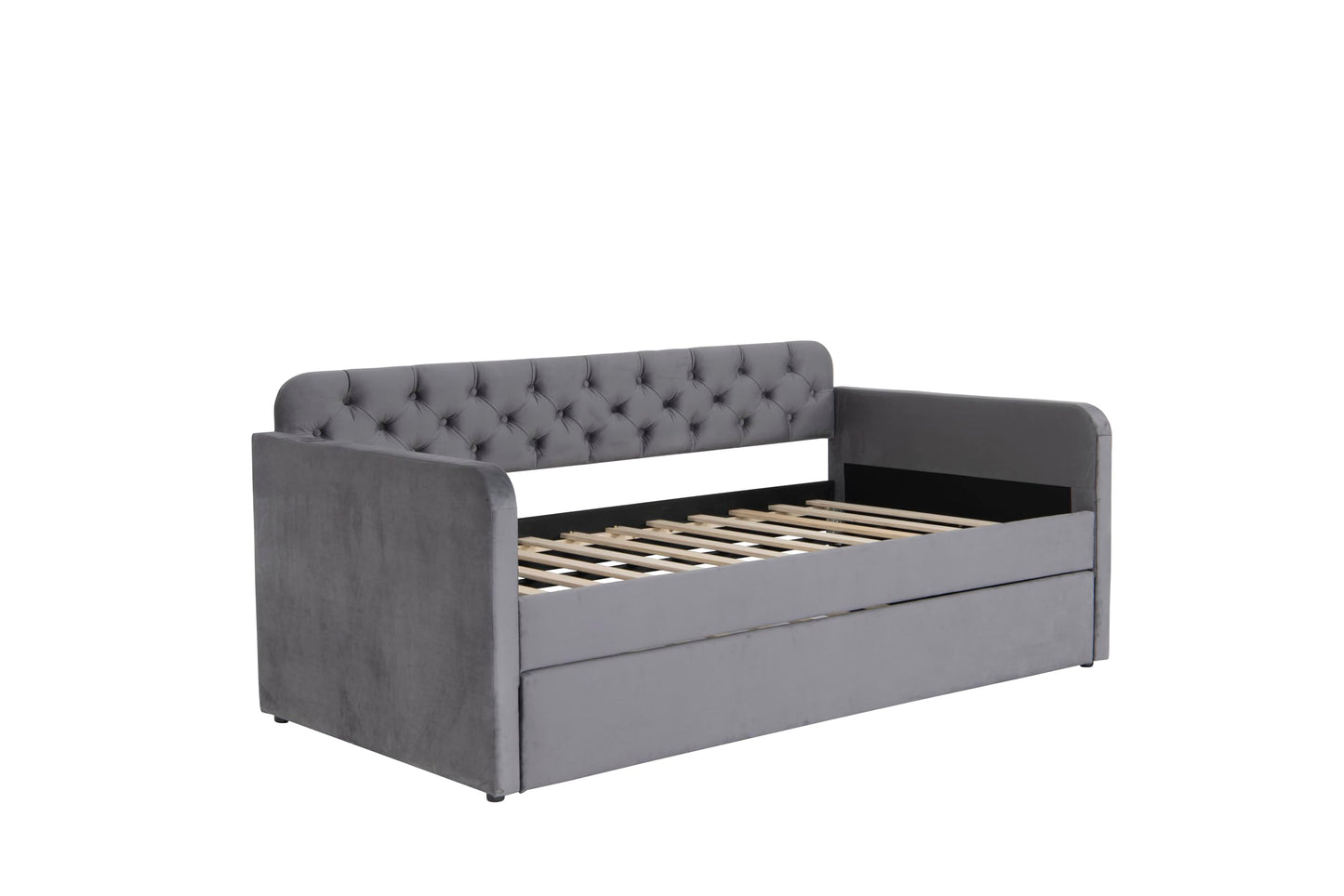Acosure Twin Size Velvet Upholstered Daybed with Trundle and USB Charging Design,Bed Frame W/Fabric-Tufted Linen Backrest,for Bedroom,Guest Room,Apartment,Dark Grey