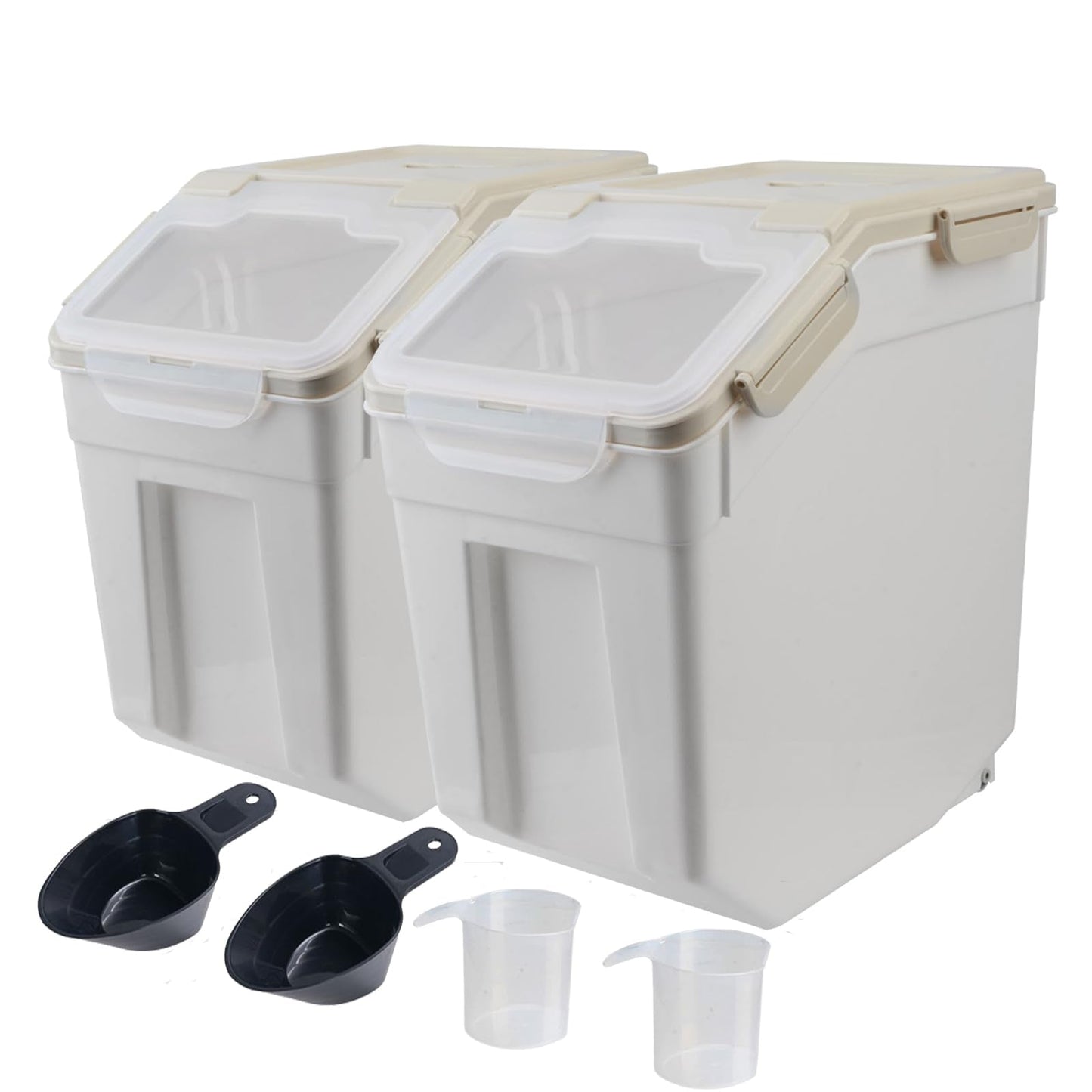 Qiveno Large Flour Storage Container Bin 25lb, 2Pack Airtight Rice Storage Containers with Wheels Seal Locking Lid, BPA Free with Measuring Cup&Scoop for Flour, Rice, Grain(Gray)