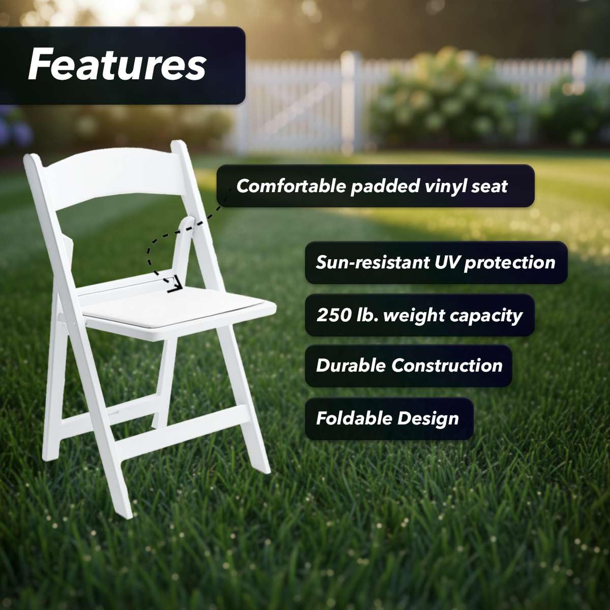 SunSierra 8 Pack, White Resin Folding Chairs with Vinyl Seat, Commercial-Grade Event Seating for Weddings, Parties, Picnics, Indoor/Outdoor Use - Durable & Foldable Design