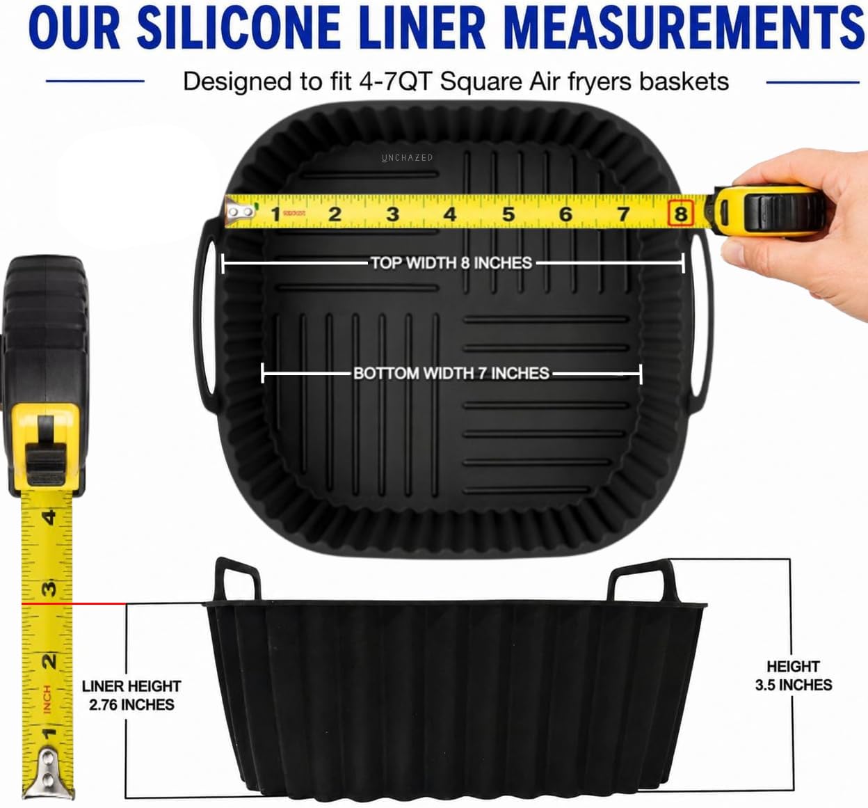Air Fryer Silicone Liners 2 Pack for 4–7QT Square Basket – Reusable Nonstick Food-Grade Silicone Air Fryer Basket Liners – Dishwasher Safe, Includes Tongs & Basting Brush