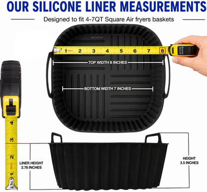 Air Fryer Silicone Liners 2 Pack for 4–7QT Square Basket – Reusable Nonstick Food-Grade Silicone Air Fryer Basket Liners – Dishwasher Safe, Includes Tongs & Basting Brush
