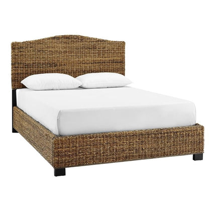 Pemberly Row Coastal Wood/Rattan King Platform Bed, Natural Brown Finish, Handwoven Banana Leaf, Matte Black Feet, 53.75" H x 82.5" W x 86" D, Includes Headboard/Footboard, Rustic Bedroom Furniture