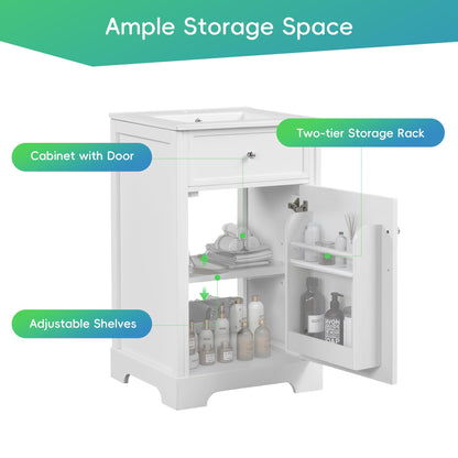 20" Small Bathroom Vanities Cabinet with Undermount Ceramic Sink, Two-Tier Door Storage Shelf, White
