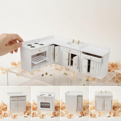 Miniature Furniture Dollhouse Kitchen Cabinets Set 1:12 Scale Wooden Model Freely Combined 4PCS Mini House Accessories Furnishings Kit Decoration Gift (White)