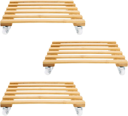 3 Pack 100 Lbs, 12 Inch Cedilis Plant Caddy, Bamboo Plant Stand with Rolling Wheels, Mobile Flower Pot Mover Roller