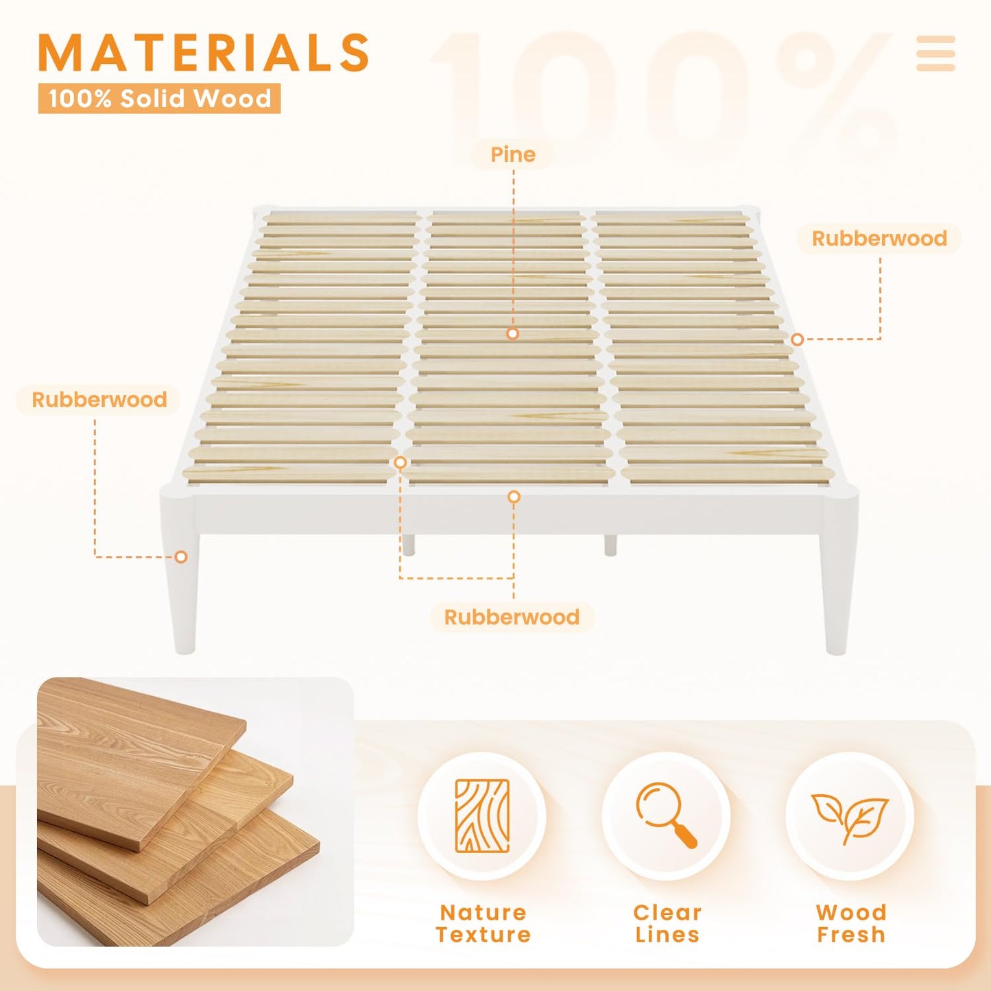 IOTXY Full Platform Bed Frame - Solid Wood 16-Inch Height Mattress Foundation Base with Densely Slats and Heavy-Duty Support Legs, No Box Spring Needed, White