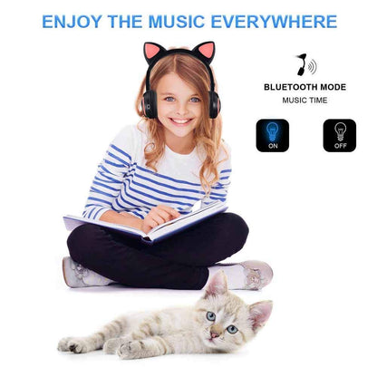 Luckyu Wireless Bluetooth Cat Ear Headphones with Mic 7 Colors LED Light Flashing Glowing On-Ear Stereo Headset Compatible with Smartphones PC Tablet