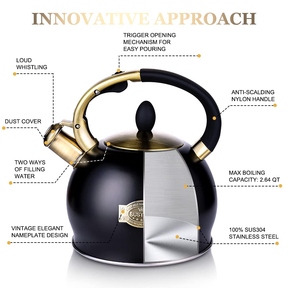 SUSTEAS Stove Top Whistling Tea Kettle - Food Grade Stainless Steel Teakettle Teapot with Cool Touch Ergonomic Handle, With 1 Silicone Pinch Mitt Included, 2.64 Quart(BLACK)