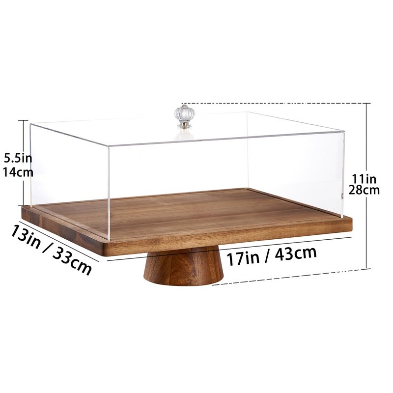 LiTY Large Cake Stand with Lid, 17″ Rectangular Multi-Functional Cake Holder, Acacia Solid Wood 2-in-1 Dessert Table Display Set, Charcuterie Board for Cheese ,Fruit Platter, Acrylic Cake Dome Cover