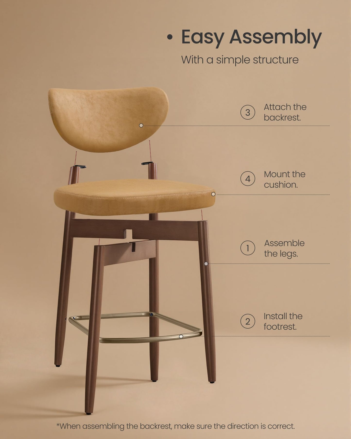 VASAGLE Wooden Bar Stools Set of 4, Upholstered Counter Height Barstools with Solid Wood Legs, Ergonomic Backrest, Mid Century Modern, for Kitchen Island, Synthetic Leather, Caramel Brown