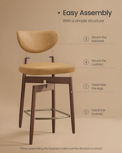 VASAGLE Wooden Bar Stools Set of 4, Upholstered Counter Height Barstools with Solid Wood Legs, Ergonomic Backrest, Mid Century Modern, for Kitchen Island, Synthetic Leather, Caramel Brown